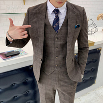 Plaid Stripe Casual Suit Mens Suit Slim Korean Handsome Suit Three Piece Foral Coat Tide Men