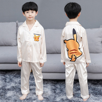 Childrens summer home clothing thin new foreign boy cotton silk air conditioning clothing middle child short sleeve pajamas Black