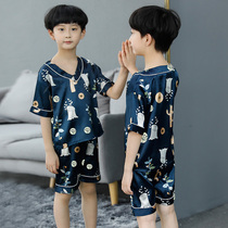 Boys pajamas summer thin ice silk short sleeve suit big children summer 10-15 years old children air-conditioned clothing home clothes