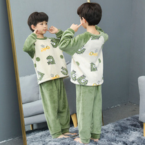 Childrens pajamas autumn and winter boys coral velvet thick warm medium children flannel home clothing set Boys winter