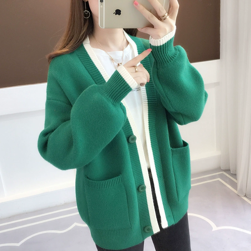 Áo len nữ mùa xuân mới Hàn Quốc lỏng lẻo dày v-cổ đèn lồng tay áo len lười - Đan Cardigan