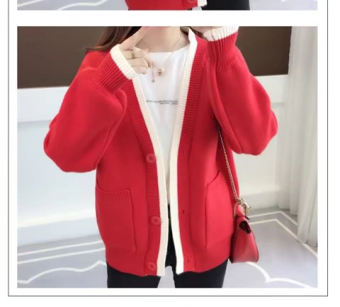 Áo len nữ mùa xuân mới Hàn Quốc lỏng lẻo dày v-cổ đèn lồng tay áo len lười - Đan Cardigan