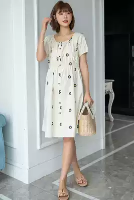 Pregnant women's dress summer round neck short sleeve medium and long skirt Korean version of loose cotton Fashion Women's pregnant women's clothing