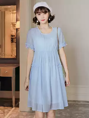 Pregnant Women summer dress dress short sleeve round neck solid color medium and long version of skirt fashion hot mother net lace neck top