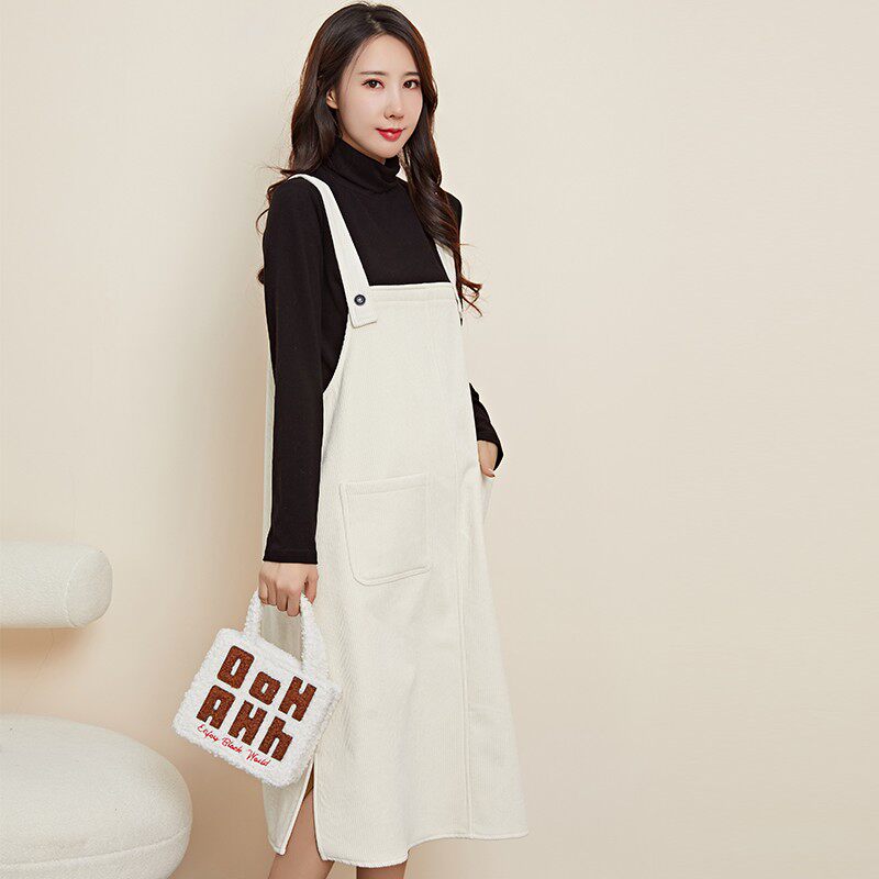 Wick velvet plus suede autumn winter cuddle with baby bag dress pure color shoulder strap adjustable loose Korean version Chauma pregnant woman foreign dress