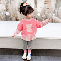 Girl Net red autumn 2021 new spring and autumn Korean version of childrens foreign style bear set baby girl two sets
