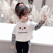 Girls long sleeve T-shirt autumn 2021 new children Foreign style fake two-piece coat 3 years old autumn women baby base shirt