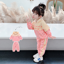 Girls Sports Set 2021 New Spring and Autumn Childrens foreign style two-piece Childrens autumn and winter plus velvet womens baby Autumn