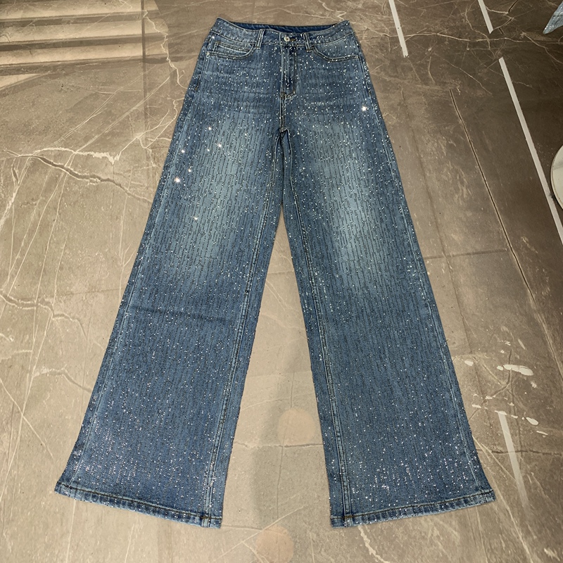 [Extra Long Sparkling Jeans] Paris Sparkling Jeans Full Rhinestone Autumn High-Waisted Stretchy Loose Wide-Leg Straight Jeans