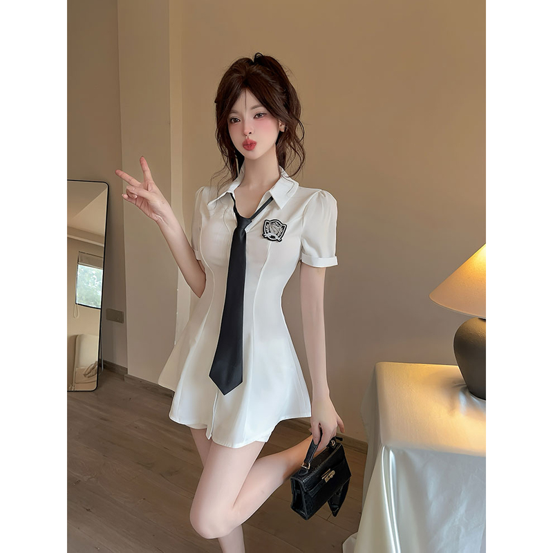Summer Sexy Pure Desire Waist White Shirt Pajama Dress Set Nightclub Soft Foot Bath Technician Work Clothes for Women