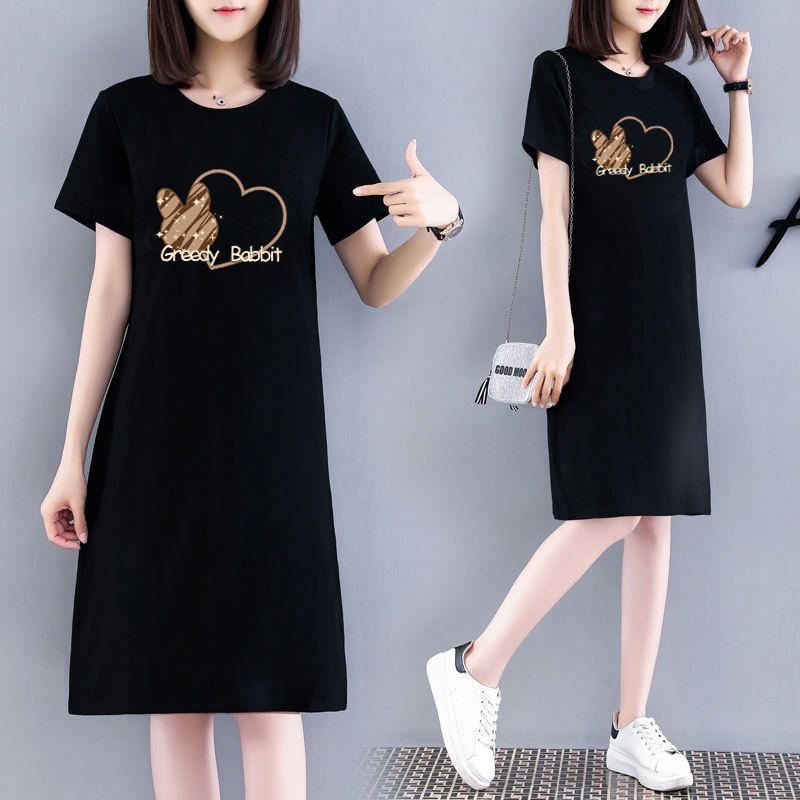 2025 Black Short-Sleeved Mid-Length Dress, Loose and Slimming, Casual Over-The-Knee T-Shirt Dress, Simple Dress for Women, Slimming for Summer 2025 Black Short-Sleeved Mid-Length Dress, Loose and Slimming, Casual Over-The-Knee T-Shirt Dress, Simple Dress for Women, Slimming for Summer