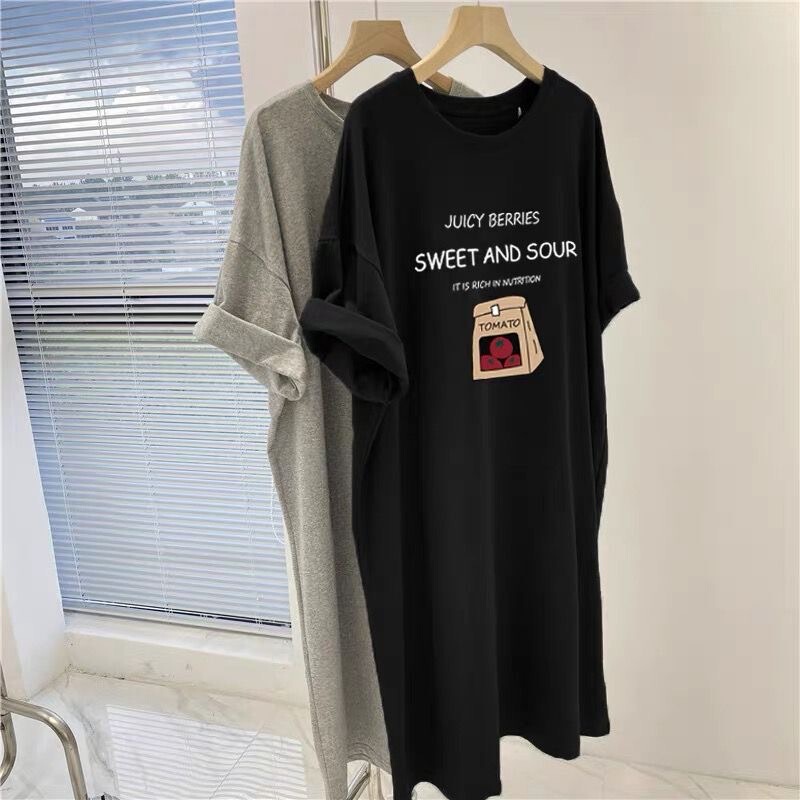 Korean Style Plus-Size Loose T-Shirt Nightdress for Women, Summer Loose Fit, Covers the Body, Looks Slimming, Can Be Worn Outside, Casual Long Dress