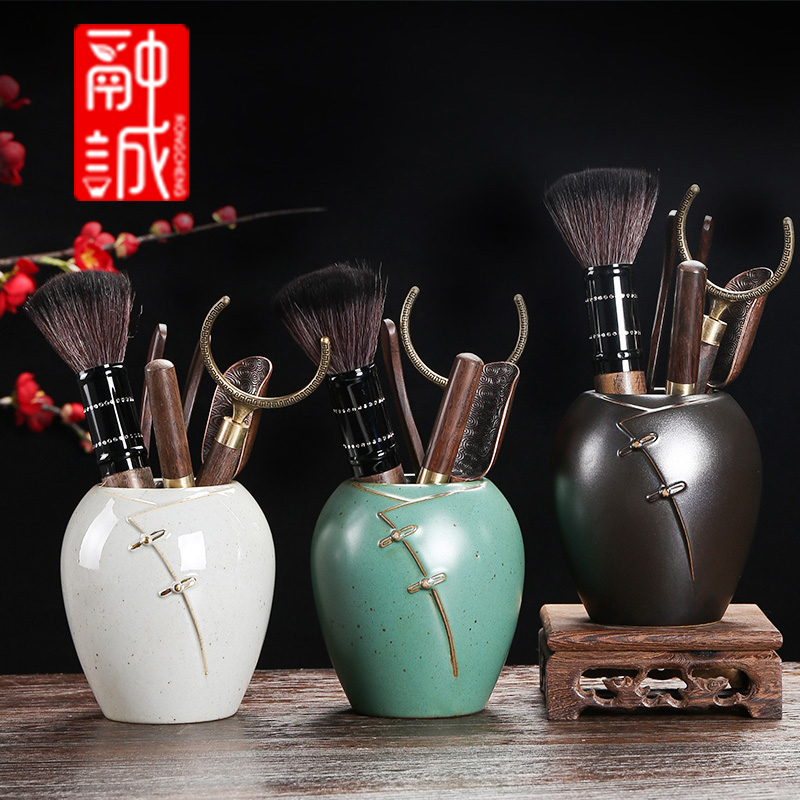 Tea six gentleman 's suit household bamboo wood receive tube ebony kung fu Tea accessories ceramic Tea set