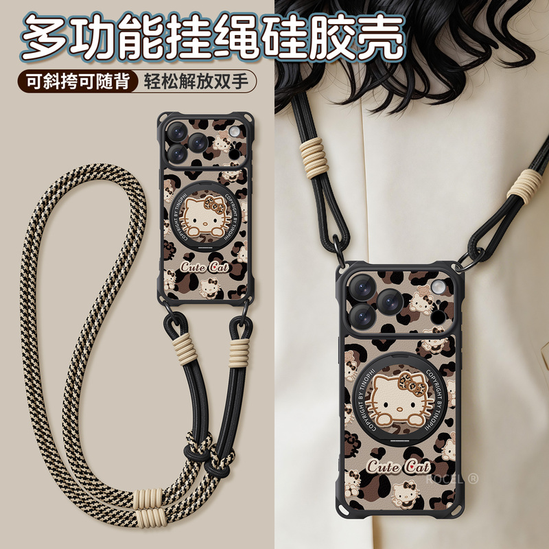 Suitable for Apple 17 Pro Max Phone Case, New iPhone 18 Pro Protective Cover, 16 Four-Corner Anti-Drop, 15 with Stand, Lanyard, Crossbody, Wearable, 14 Full Coverage, Personalized Plus Leopard Print Cat Soft Case