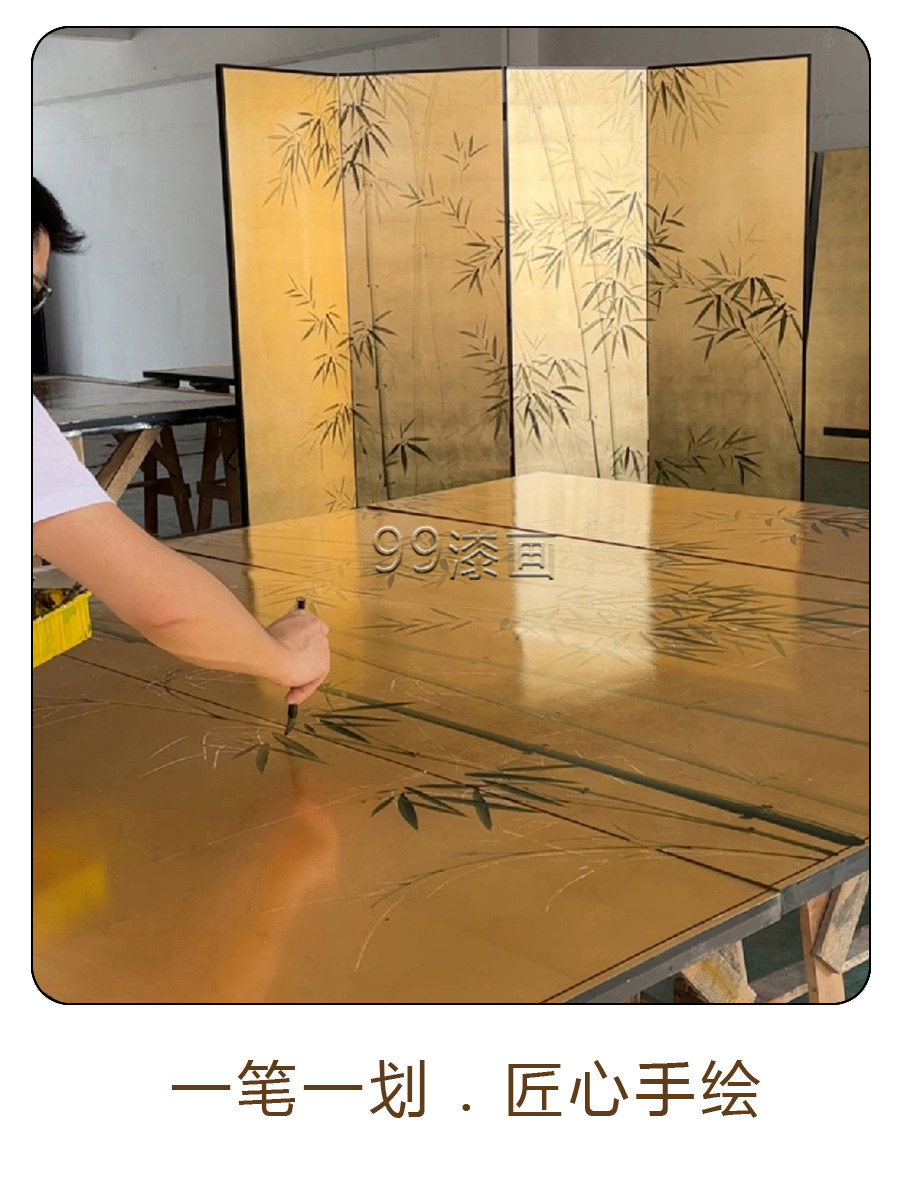 ширма 99漆画日式素金箔屏风四扇中式酒店客厅茶室隔断插花摄影折屏定制