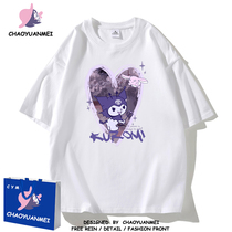 Chaoyuanmei Japanese love Kuromi right shoulder short-sleeved T-shirt for women summer versatile pure cotton loose half-sleeved top