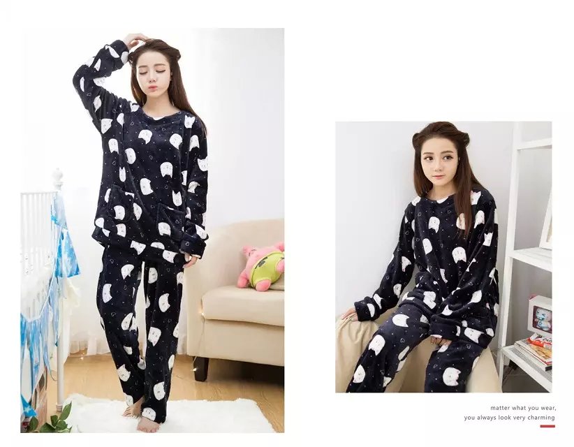 Bộ đồ ngủ dài tay của phụ nữ hoạt hình có thể mặc đồ xốp màu vàng cho bé bộ đồ ngủ flannel Bộ đồ ngủ ấm áp phục vụ nhà ấm đồ bộ nam đẹp