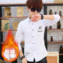 Winter youth long-sleeved shirt mens Korean slim-fit plus velvet thickened shirt trendy mens warm and handsome inch shirt