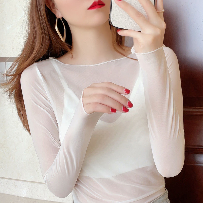 See-Through Mesh Ice Silk Base Shirt for Women, Summer Long-Sleeve T-Shirt, Sexy and Versatile, Thin Inner Layer, Dance Top, Simple Style