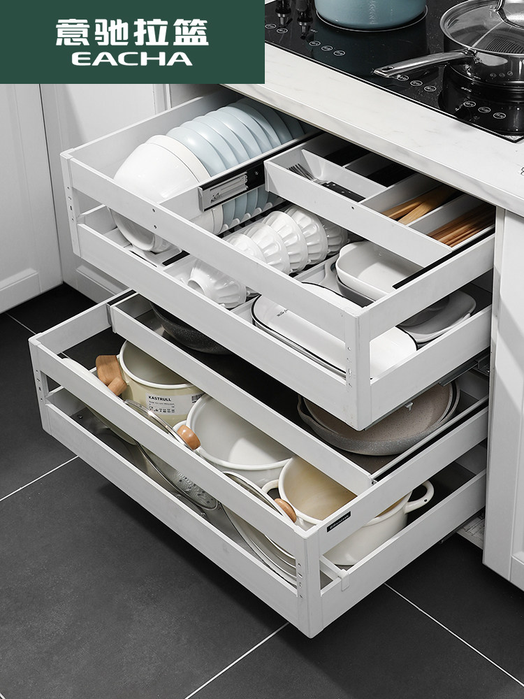 Yichi kitchen overall cabinet bowl basket 304 stainless steel double drawer pull basket Seasoning dishes floor cabinet built-in shelf