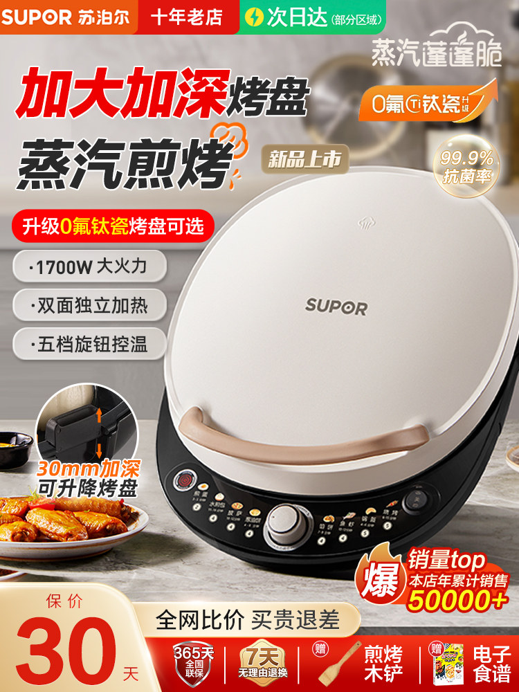 Supor Electric Griddle for Home Use, Double-Sided Heating, Electric Frying and Pancake Maker, All-In-One Machine, Small Size, 2025 New Model, Deepened and Enlarged