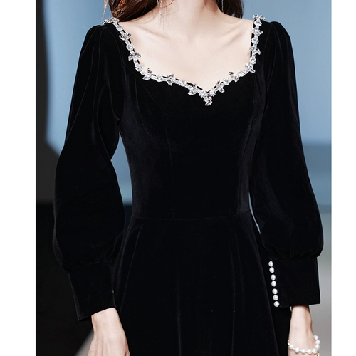 Черное вечернее платье, расширенная элитная бархатная длинная юбка, коллекция 2021, городской стиль, изысканный стиль, длинный рукав