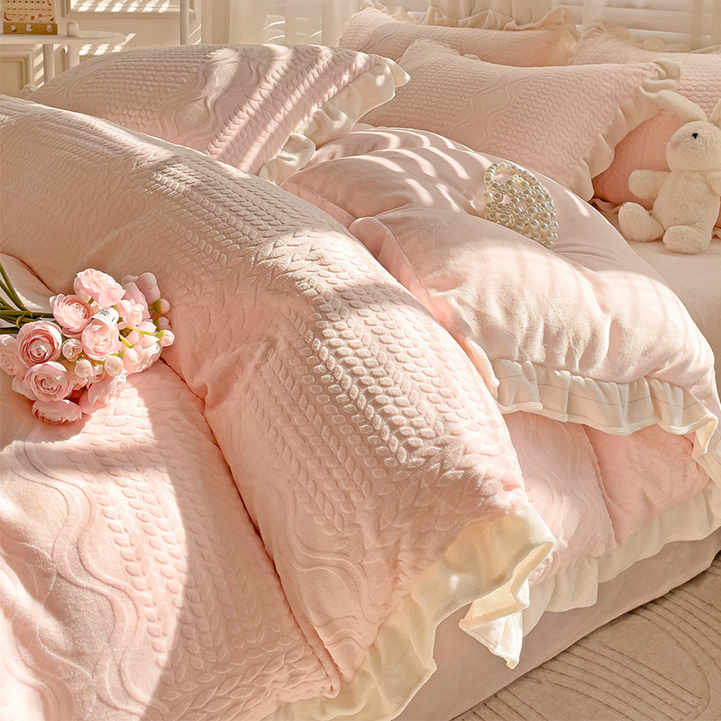 Princess Wind Thickened Milk Suede Four Pieces Of Winter Flange Coral Suede Quilt Cover Bed Linen with suede beds bedding-Taobao