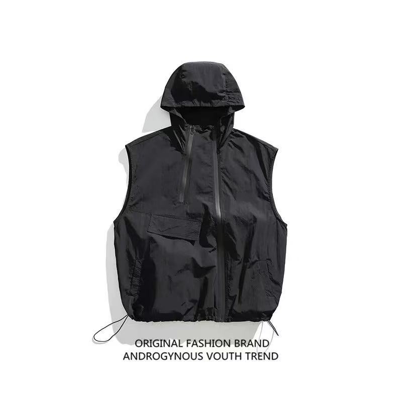 Summer Thin Double Zipper Hooded Vest Men's Casual Loose Functional Waistoutwear Windproof Sleeveless Vest Jacket Summer Thin Double Zipper Hooded Vest Men's Casual Loose Functional Waistoutwear Windproof Sleeveless Vest Jacket