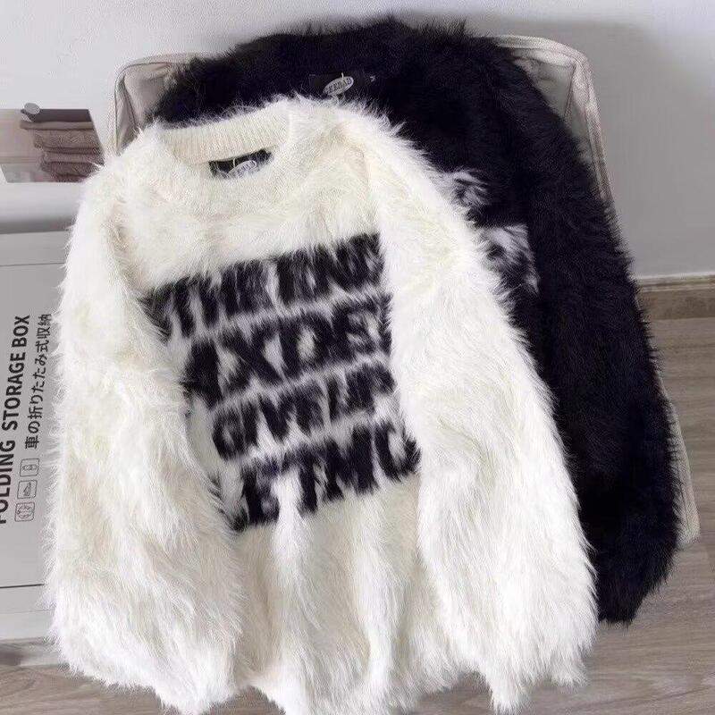Couple's Faux Mink Sweater, Loose Fit for Men and Women, Letter Design, Niche Style, Lazy Style, Autumn and Winter Thickened Warm Knitwear