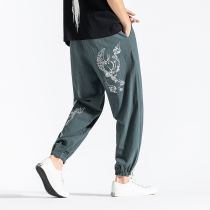 Summer Chinese style trousers trend embroidery large size sports tie pants famous family wind Joker casual pants mens pants