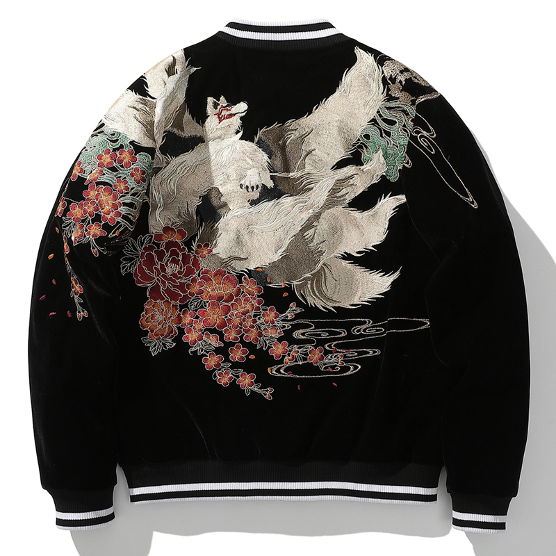 2026 Spring and Autumn New Trendy Brand Embroidered Men's Jacket Nine-Tailed Fox Embroidery Yokosuka Heavy Craft Jacket Baseball Collar Vintage Style