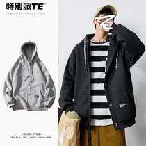 Coat mens spring and autumn leisure Korean trend plus velvet tooling jacket handsome ins solid color hooded clothes