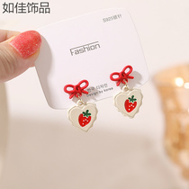 S925 silver needle Korea cute little fresh art Fan love strawberry bow tie sweet and beautiful earrings woman earrings