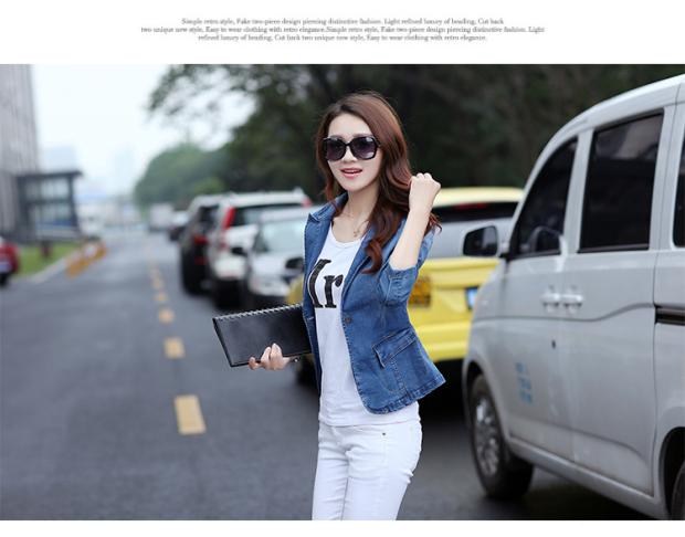Áo khoác denim, ngắn nữ, phù hợp với nhỏ, mùa xuân và mùa thu, khí chất mới của Hàn Quốc, đa năng, mỏng, mỏng, ve áo vest công sở nữ
