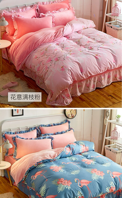 Winter giường nhung chăn hô một gia đình bốn 1.8m giường flannel Hàn Quốc vải váy ba mảnh Levin luật dày - Bộ đồ giường bốn mảnh