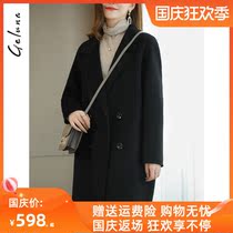 Black high-end double-sided tweed coat womens 2021 autumn and winter New long zero cashmere cocoon slim slim wool jacket