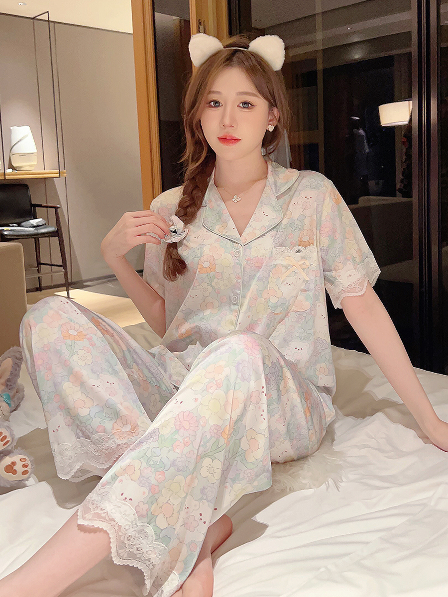 <!--冰丝睡衣女夏季短袖长裤高级感薄款甜美套装网红可外穿夏天家居服-->