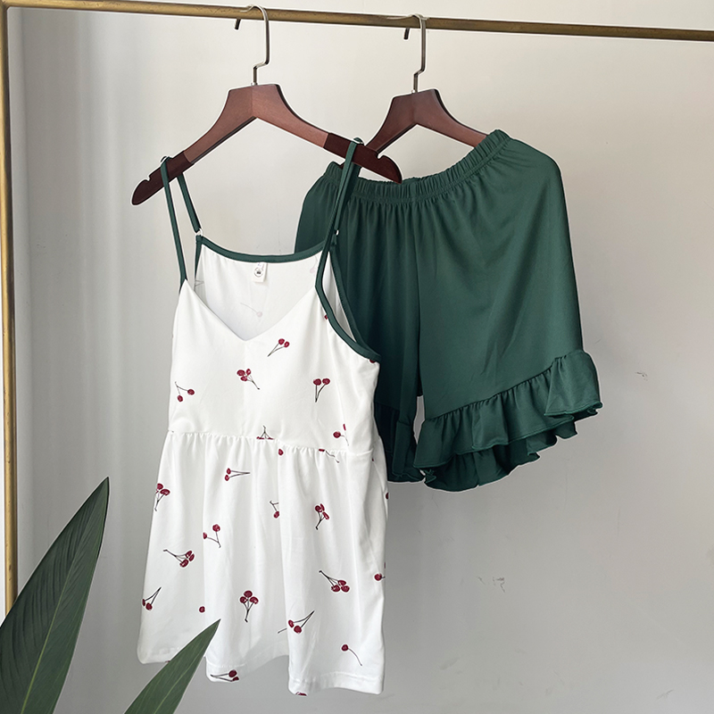 Large size pajamas women's summer suspenders cotton two-piece Korean version sweet and cute fat mm200 catties student home clothes thin