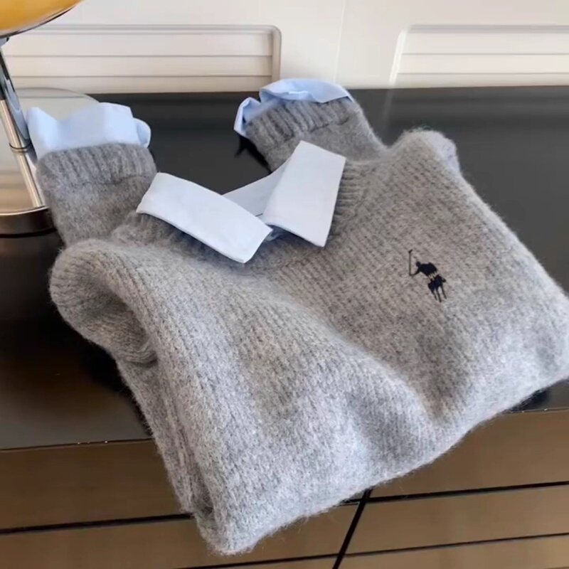Little Horse Embroidery Faux Two-Piece Polo Collar Sweater for Women, New Autumn and Winter Style, Lazy Style, Loose-Fitting Knit Top