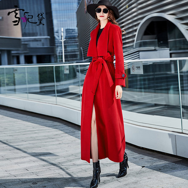 Long woolen coat for women over the knee 2023 new autumn and winter thickened slim fit red woolen coat