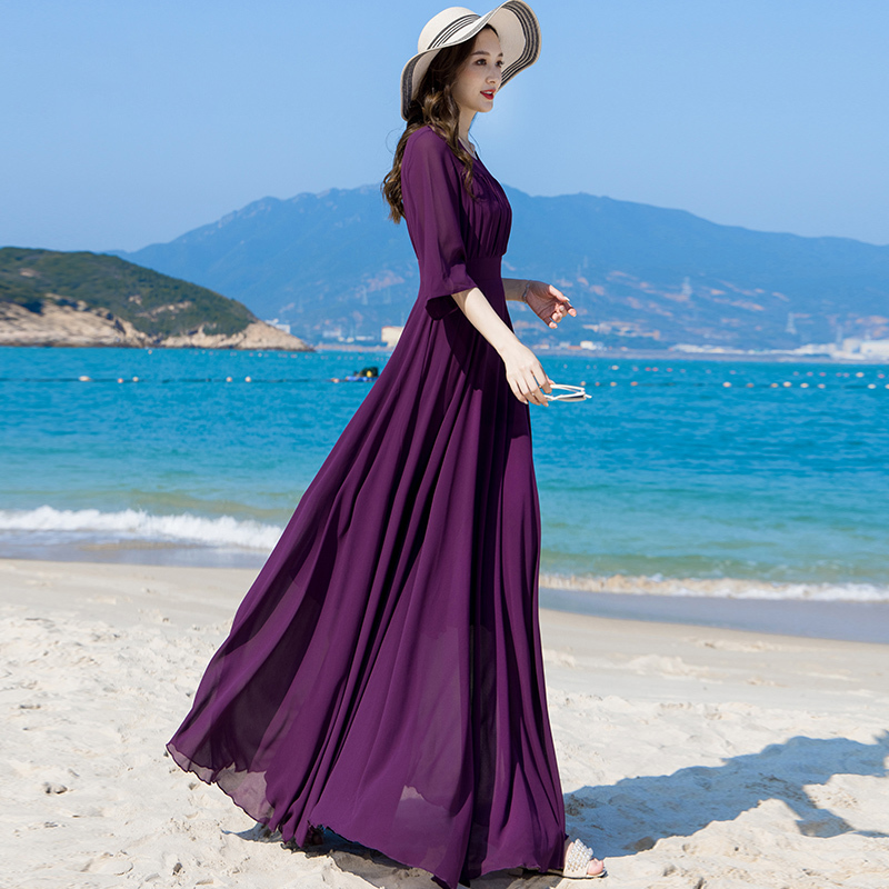 Summer Klein Blue Chiffon Dress for Women, Long Ankle-Length 2026 New Beach Maxi Purple Flared Dress