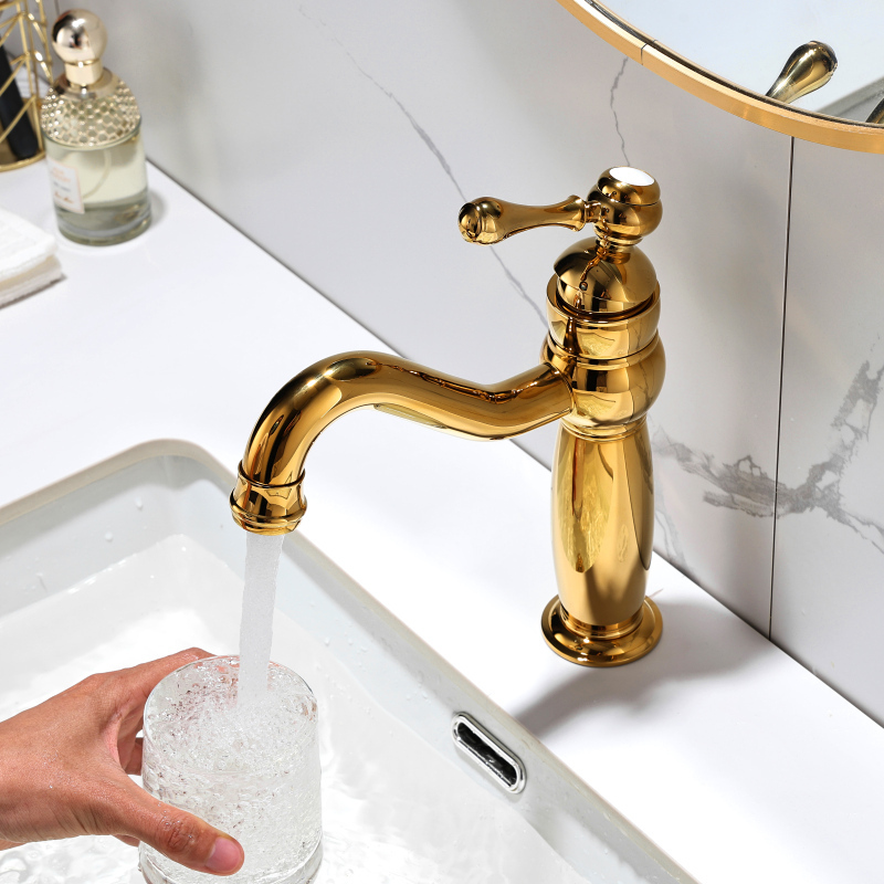 Perucci Bathroom Rotating European Gold Faucet Hot and Cold Single Hole Brass Antique under Counter Basin Faucet