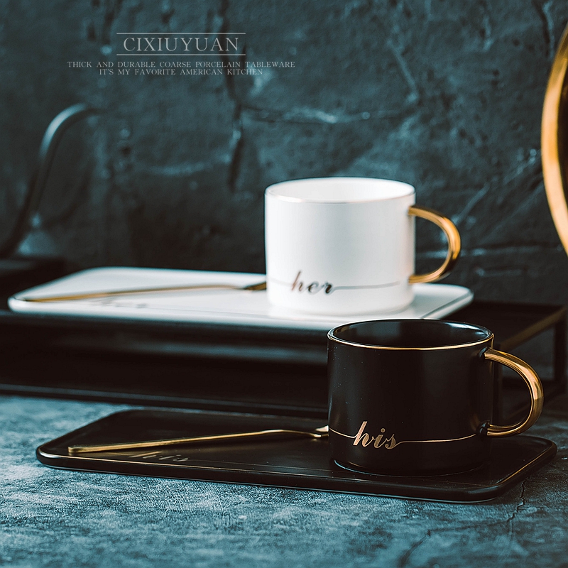 Ceramic coffee cup with small European - style key-2 luxury single spoon plate elegant contracted glass mugs Nordic ins
