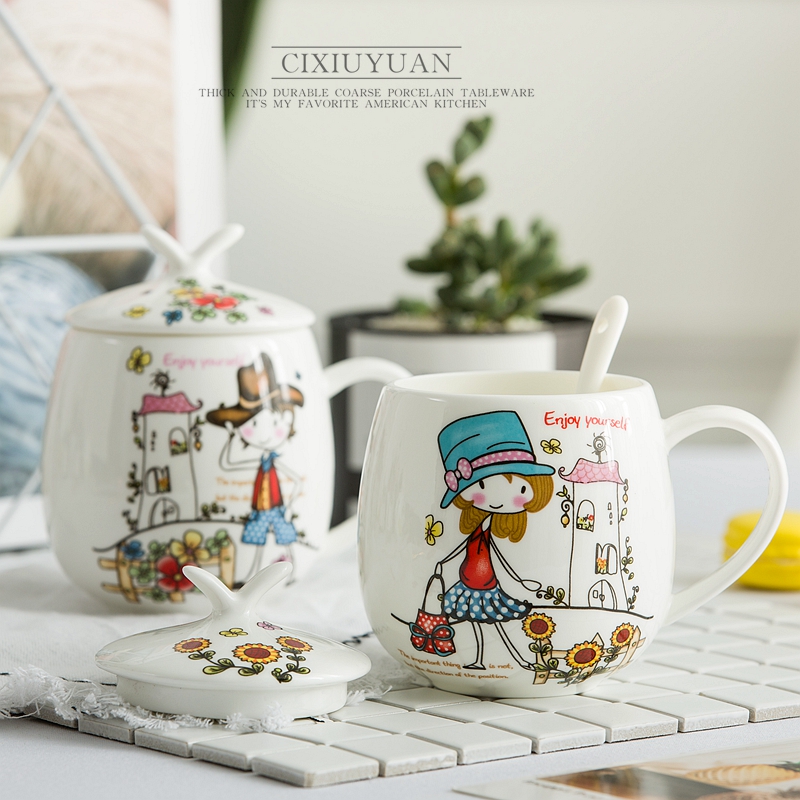 Han edition with cover students creative trend, lovely ceramic cup children spoon keller cup home breakfast coffee cup