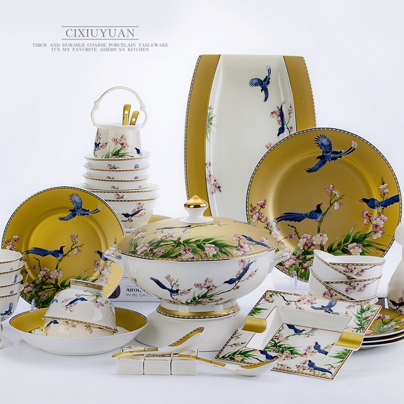 Dishes suit ipads porcelain tableware suit household Chinese wind 60 head 10 European Dishes jingdezhen ceramic bowl bowl