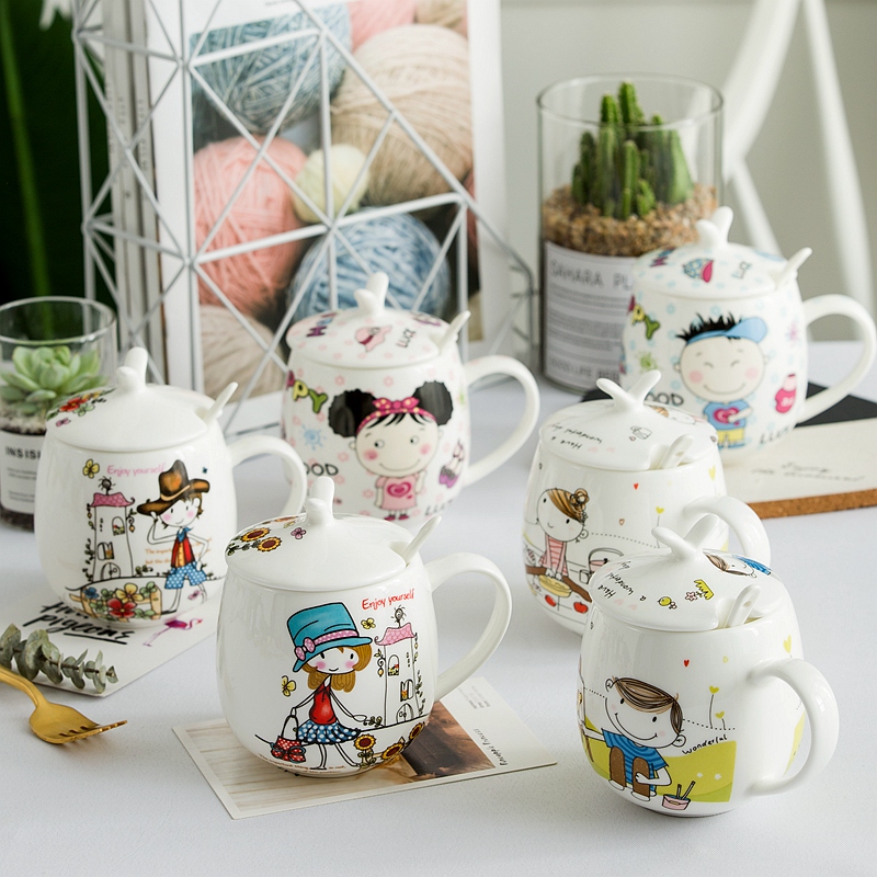 Han edition with cover students creative trend, lovely ceramic cup children spoon keller cup home breakfast coffee cup