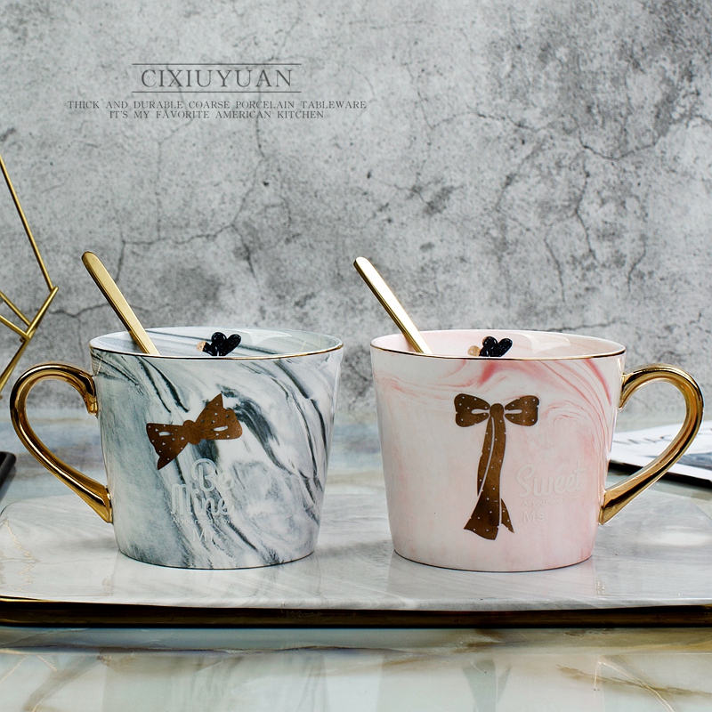 Marble ceramic mugs ins pink girl heart cup Nordic picking cups of coffee cup with a spoon