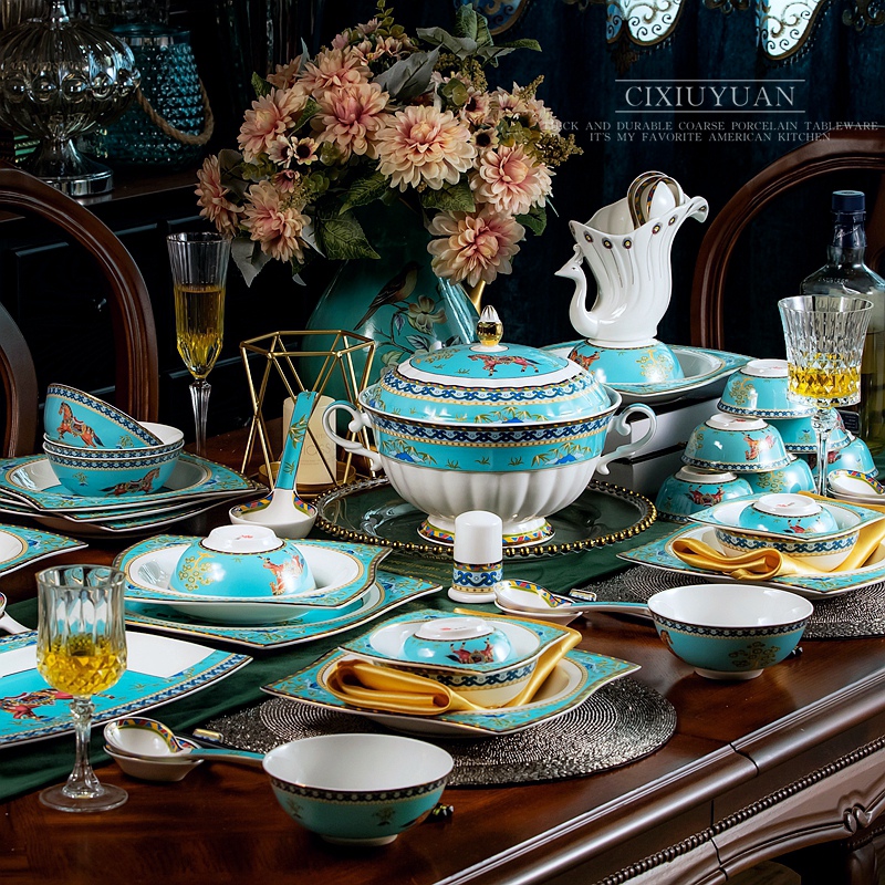 Jingdezhen ceramic tableware suit misty dishes suit Chinese style household jobs plate colored enamel wedding gifts