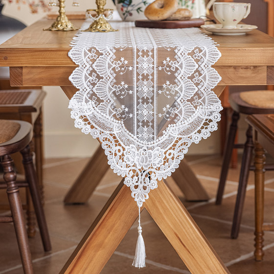 高级感白色蕾丝镂空绣花桌旗斗柜长条桌布茶几法式电视柜盖巾垫