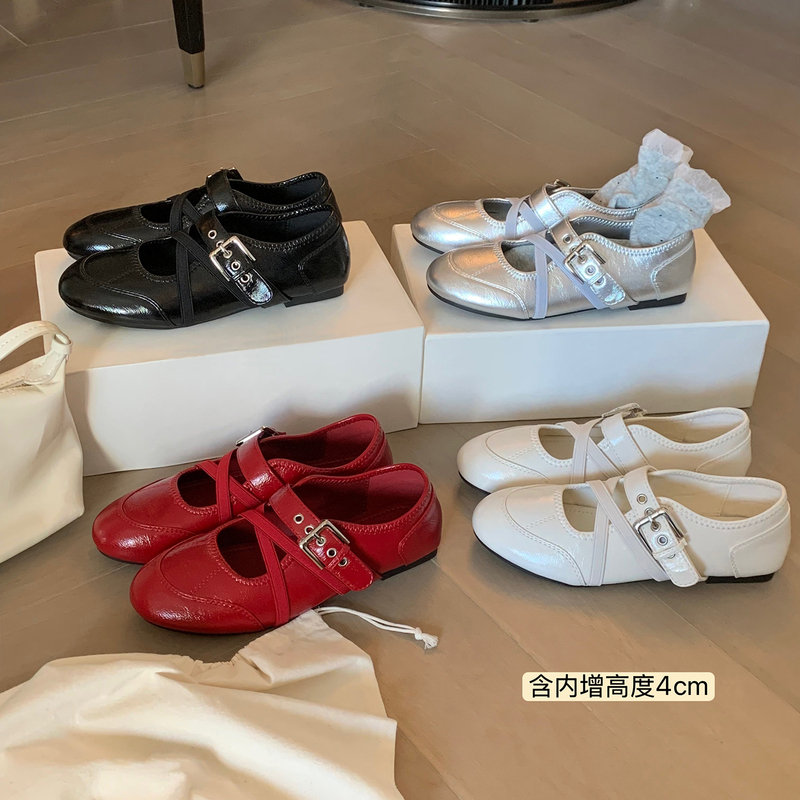 Grape Mom Studiolee Height-Increasing 4cm Ballet Mary Jane Shoes for Women with Round Toe, Cross Straps, and Shallow Opening